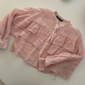 NWT! Zara Cropped Pink Ruffle Button Down • Size Medium
